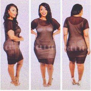 NEW!! Black mesh short sleeve mine dress with nude tank dress lining attached